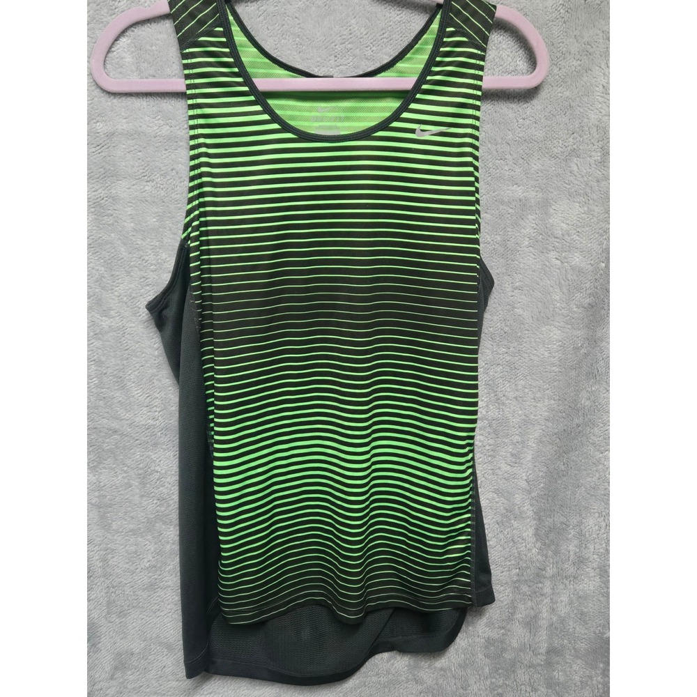 Nike Miler Running Tank Top Mens Medium Green Black Striped Mesh Dri-FIT Singlet